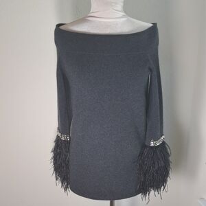 Neiman Marcus Cashmere Sweater Gray   Embellished Ostrich Feathers Size Medium
